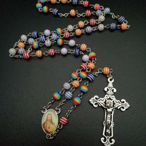 Handmade Religious Christ Rosary Beads Rainbow Resin Jewelry Pendant Necklace