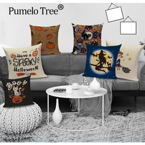 Happy Halloween Cushion Cover Pumpkin Bat Throw Pillow Cover Magic Girl Flying Carpet Pillowcase Ghosts Decorative Cushions Case