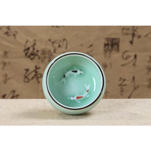 Ceramic arts and crafts, teacup, Longquan celadon, color carp cup, Gongfu teacup, Pisces cups, fish style, teaset, 2pcs / set