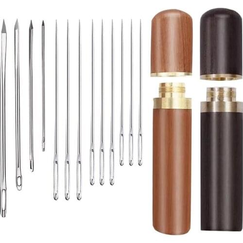 LMDZ 2PCS Wooden Needle Case with Stitching Needles,Hand Crafts Knitting with 4pcs Leather Stitching Needle ,9 pcs Sewing