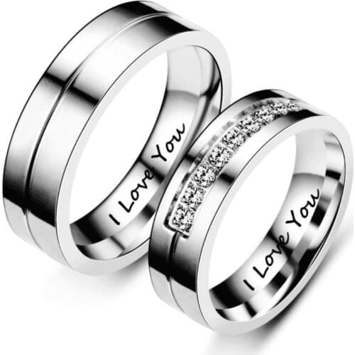 Lovers Ring Titanium Steel Inlaid Zircon Carving "I Love You" Ring Men and Women Love Commitment Jewelry Valentines Day Gift