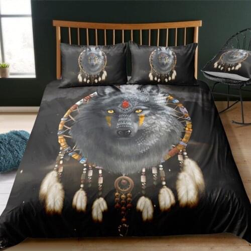 Fanaijia 3D Indian Wolf Bedding Set Queen Size Bohemian Black Duvet Cover Set with Pillowcase King Comforter Set