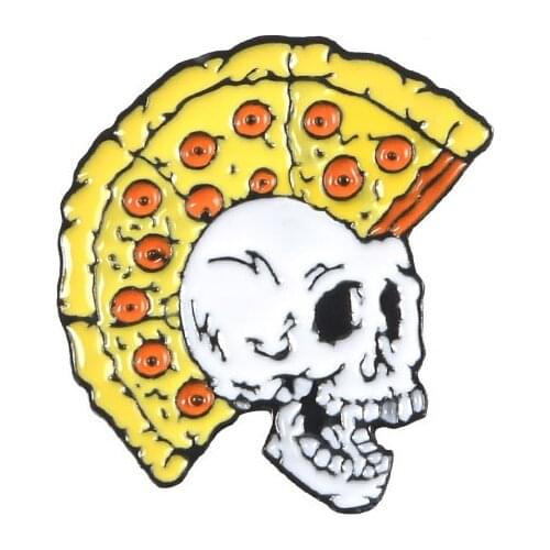 Pizza Skeleton Metal Enamel Brooch Fashion Fun Pizza Insert Skull Badge Pin Unique Trendy Costume Jewelry Accessories Gift