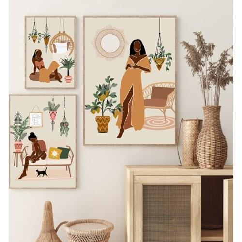 Fashion African American Women Prints Boho Poster Girls Female Portrait Canvas Painting Plant Wall Art Picture Living Room Decor