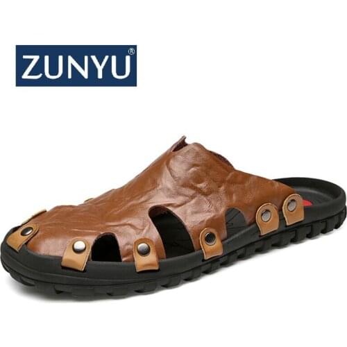 ZUNYU New Summer Men Leather Slippers Fashion Male Slippers High Quality Summer Beach Slippers Mens Massage Slipper Big Size 48