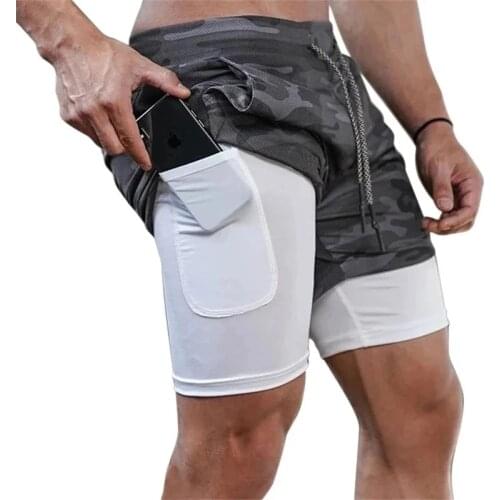 Double layer Jogger Shorts Men 2 in 1 Short Pants Gyms Fitness Built-in pocket Bermuda Quick Dry Beach Shorts Male Sweatpants