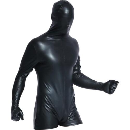 Mens Sexy Full Body Latex BodySuit Tight Black Cosplay Catsuit One-piece PU Leather Clothing For Night Club Dance Wear Bodysuits