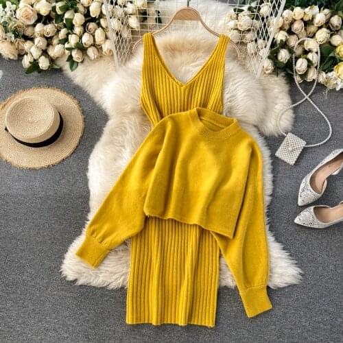 2021 New Fashion Autumn Winter Womens Thicken Warm Knitted Pullover Sweater Two-Piece Suits +High Waist dress Set