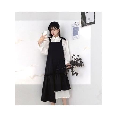 Autumn new design sense of individuality small irregular skirt skirt skirt dark wind dress with suspenders