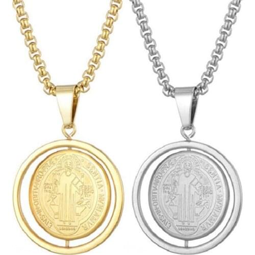 Stainless Steel Saint Benedict Necklace Pendant Can Be Turned Religious Disc Tag Necklace Jewelry Gift For Men Women