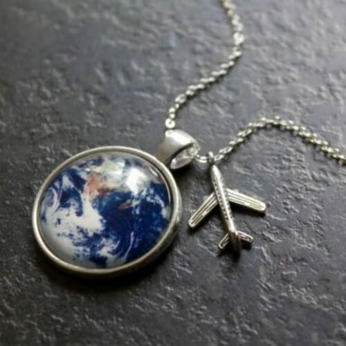 Wanderlust Necklace - Earth Necklace - Travel Explore Discover Glass Dome Necklace Plane Charm Pendant Necklaces Jewelry