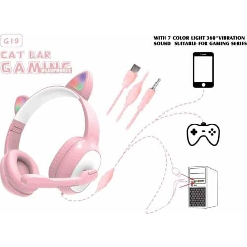 Flash Light Cute Cat Ear Wired Headphone With Mic Can Control LED Kids Girl Stereo Music Helmet Phone Headset Gifts