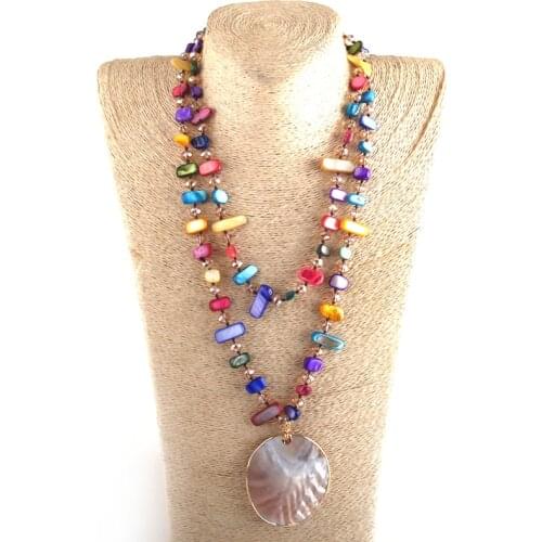 RH Fashion Boho Jewelry Shell Crystal beads Long knotted Big Shell Pendant Necklace WomenLariat Necklaces Dropship