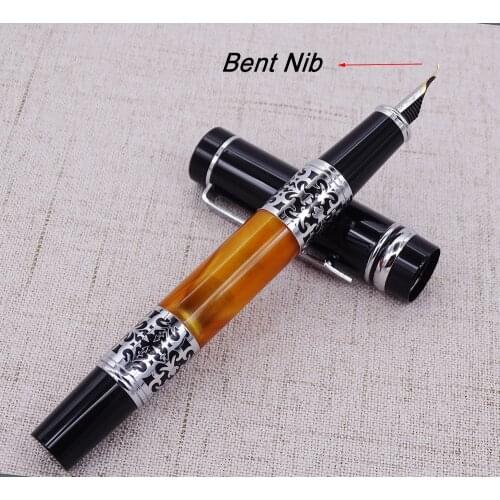 Yiren Celluloid Calligraphy Fountain Pen Bent Nib Beautiful Silver Flower Pattern Ink Pen Business Office Home School Supplies
