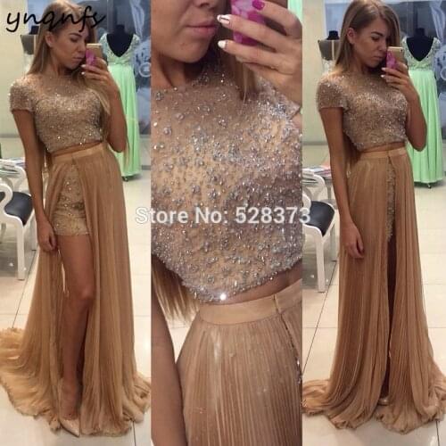 Sexy High Slit Two Piece Crystal Dress Prom with Removable/Detachable Skirt Bridesmaid Dresses 2018 YNQNFS PD117