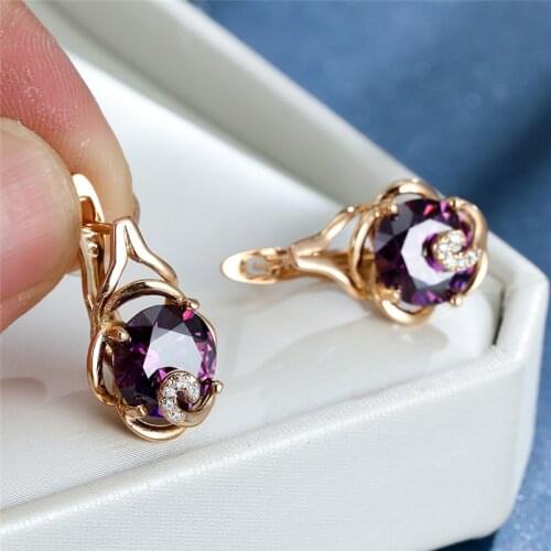 Purple Round Zircon Geometric Earrings Female Luxury Rainbow Crystal Hoop Earrings Vintage Gold Color Flower Earrings For Women