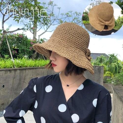 2021 Handmade 100%Raffia Bow Sun Hat Wide Brim Floppy Summer Hats For Women Beach Panama Straw Dome Bucket Hat Femme Shade Hat