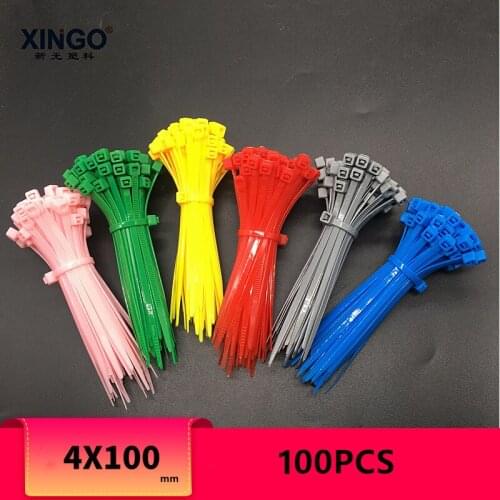 Xingo 4x100mm Self locking Nylon Cable Zip Ties 100pcs Plastic Colored Cable Zip Tie 40lbs UL Rohs Approved Loop Wrap BundleTies