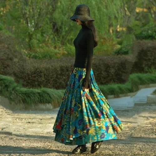 Free Shipping 2020 New Long Maxi A-line Elastic Waist Women Autumn Cotton And Linen Vintage Plus Size S-2XL Flower Print Skirts
