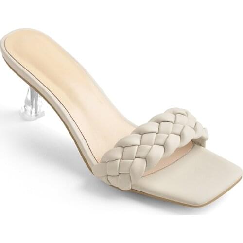 Richealnana 2021 Summer Square Toe Slip-On Sandals For Women Matte Woven Transparent Metal Heel Comfortable Concise Slipper