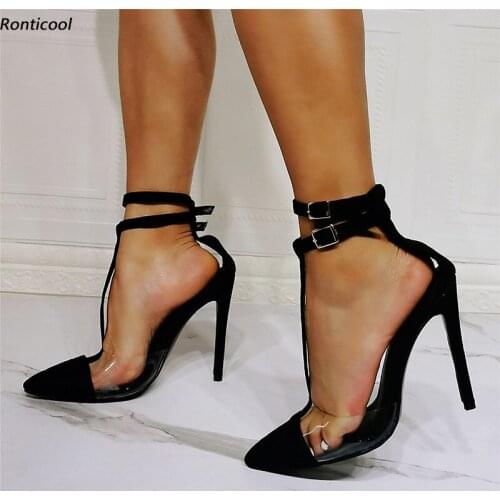 Ronticool Handmade Women Summer Pumps PVC Ankle Strap Stiletto Heel Pointed Toe Beautiful Black Dress US Plus Size 5-15