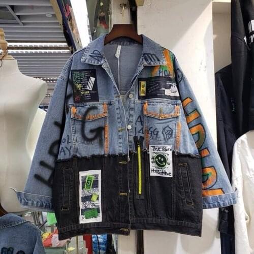 2021 Women spring and Autumn new graffiti patch stitching denim cardigan mid-length fashion jacket Y626