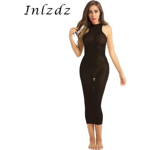 Womens Lingerie Mini Bodycon Stocking Dress Ultra-thin Silky See Through Sheer Lingerie Round Neck Sleeveless Stretchy Nightwear