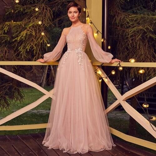Weilinsha Elegant Floor Legnth Prom Party Dresses O Neck Long Sleeve A-line Long Evening Dress vestido de festa