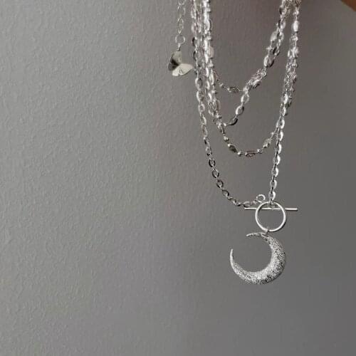 VSnow Fashion Silver Color Moon Glitter Matte Pendant Necklace for Women Unusual Toggle Clasp Vintage Chain Necklace Jewelry