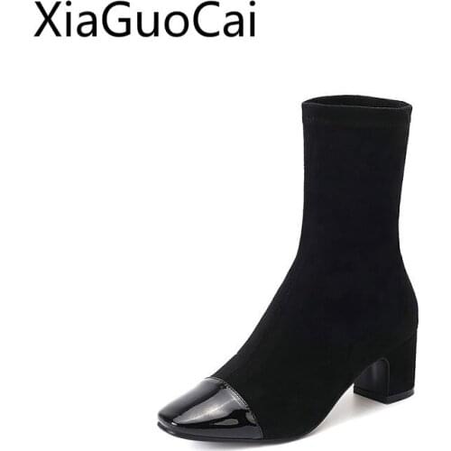 Winter Knitting Women High Heels Boots Pointed Toe Square Heels Female Mid-calf Boots Women with Elastic British Martin Boots