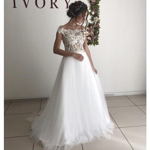 Cinderella Boat Neck Off Ths Shoulder A-Line See Sheer Back Soft Tulle Lace Applique Crystal Wedding Dresses vestido de noiva