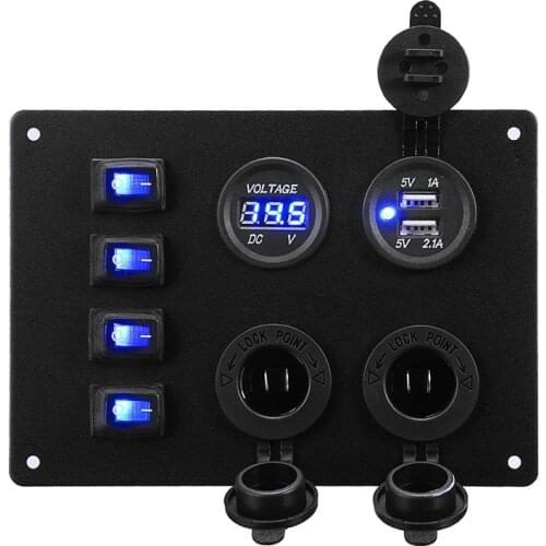 4 Gang Waterproof Marine Boat Rocker Switch Panel 3.1A Dual USB Slot Socket Digital Voltage Display Switch Panel Kit