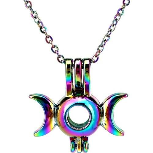 C917 Rainbow Color Moon Round Beads Pearl Cage Necklace Pendant Aroma Essential Oil Diffuser Fun Gift