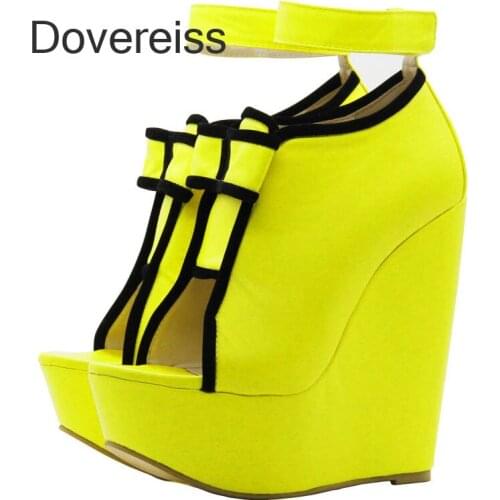 Dovereiss Fashion Womens Shoes Summer Peep Toe Wedges Yellow Blue Platform Sexy Narrow Band New Pure Color Consice Sandals 43