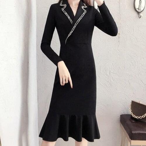 BacklakeGirls Elegant Lapel Collar Slim Waist Black Office Dress Knee Length Zipper Ruffles Long Sleeve Cocktail Dress שמלות