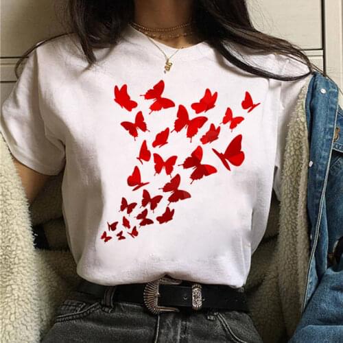 Watercolor Butterfly Print T-shirt Female Casual White Tops 90s Girls Short Sleeve Tee Shirts Fashion Ladies Tshirt