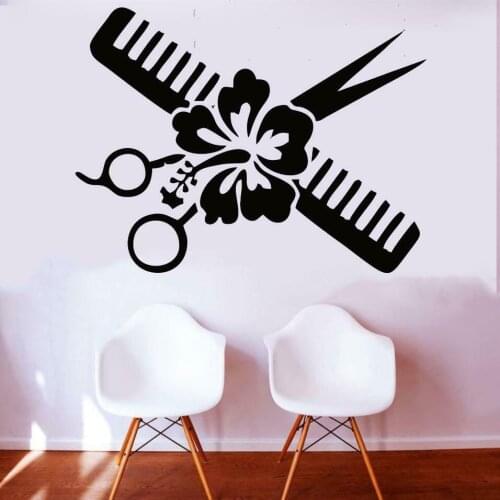 Hair Comb Hibiscus Wall Decal Hair Salon Barber Spa Wall Stickers Barber Shop Window Decor Business Decoration Vinyl Decal B365