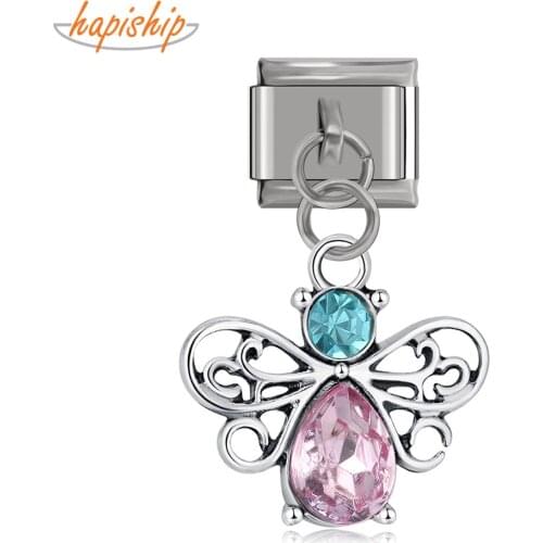 Hapiship 9mm Width Original Daisy Butterfly Rhinestone Italian Charm Fit 9mm Bracelet Stainless Steel Jewelry Making DJ147-F