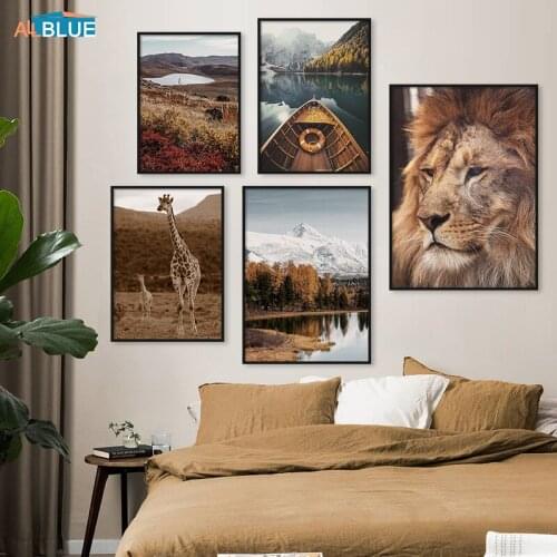 Japandi Style Canvas Poster Wild Animal Field Lake Landscape Picture Art HD Print Nordic Wall Painting Home Decor Living Room