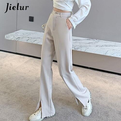Jielur Fashion Black Trousers Suits Spring XS-2XL High Waist Casual Womens Pants Wide Leg Split Workwear Formal Pants Zipper