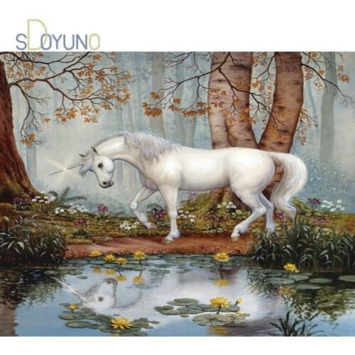 SDOYUNO diy frame oil painting by numbers animals on canvas white horse acrylic art oil HandPaint Home Decor Gift Canva Drawing