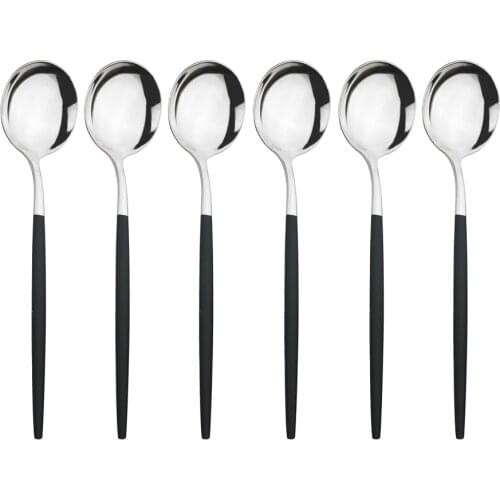 6Pcs Black Silver Desser Spoon Set Long Handle Scoop Cake Fruit Salad Spoon Dinnerware Set Stainless Steel Soup Spoon Dinner Set