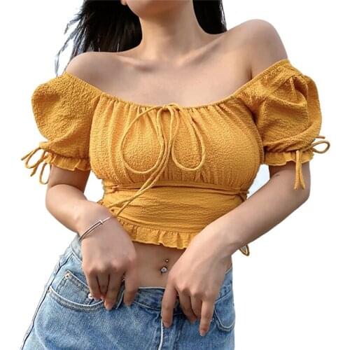 Solid tshirt Women Shirts White Yellow Tops Neckline Lantern Sleeve Ruched White Blusas Vintage Shirt