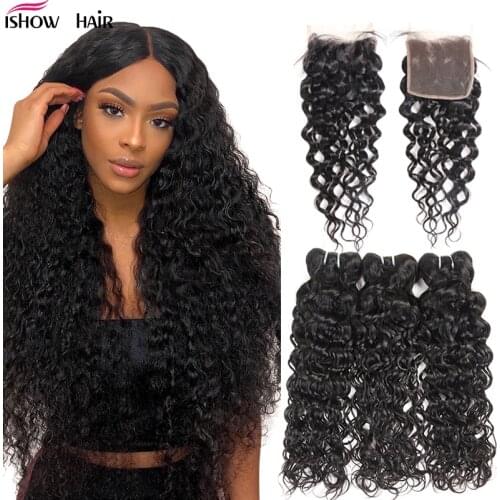 Ishow Water Wave Bundles With Closure 100% Human Hair Bundles with Closure Brazilian Hair Weave Bundles With Closure Non-Remy