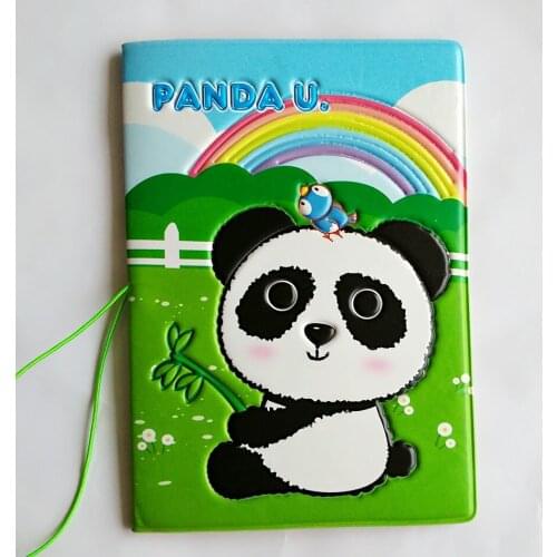 The Rainbow on the grass under the pandas eat bamboo Passport Holder,Green PVC Leather Travel Passport Cover 3D Design 14*10CM
