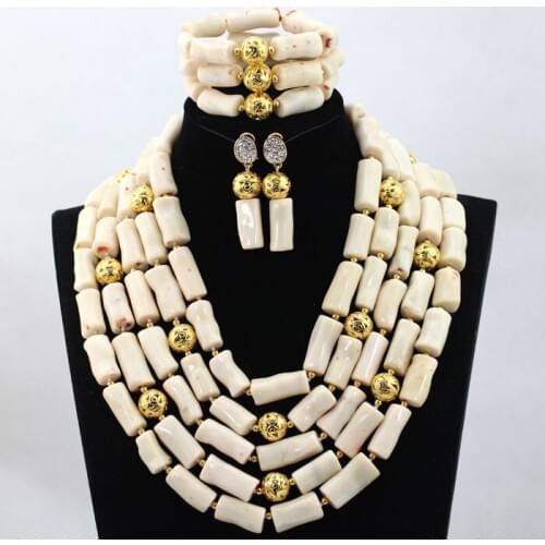 Luxury Cream White African Beaded Coral Jewelry Set Genuine Coral Beads Necklace Earrings Bracelet Set Free Shipping CNR552