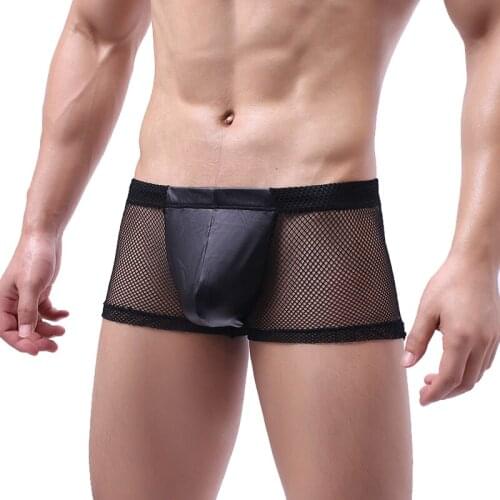 Sexy Mesh Boxer Shorts Men Panties Lingerie Transparent Faux Leather Bugle Pouch Patchwork Underwear Calzoncillo Hombre Trunks