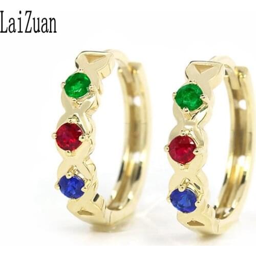 LaiZuan Real 18K Yellow Gold Certified Round 0.3ct 100% Genuine Natural Emerald,Ruby,Sapphire Stud Earrings Elegant Jewelry Gift