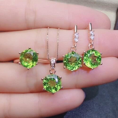 Main Stone 3.2 Carats 8*8mm Natural Peridot Necklace Open Ring Earring Set 925 Silver Gold-Plated Jewelry