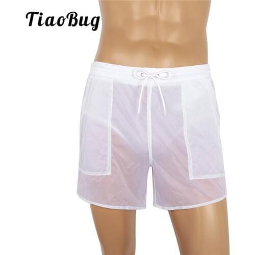 TiaoBug Elastic Waist See-through Drawstring Quick Dry Beach Shorts Men Swimwear Trunks with Built-in Mesh Briefs Bathing Suit